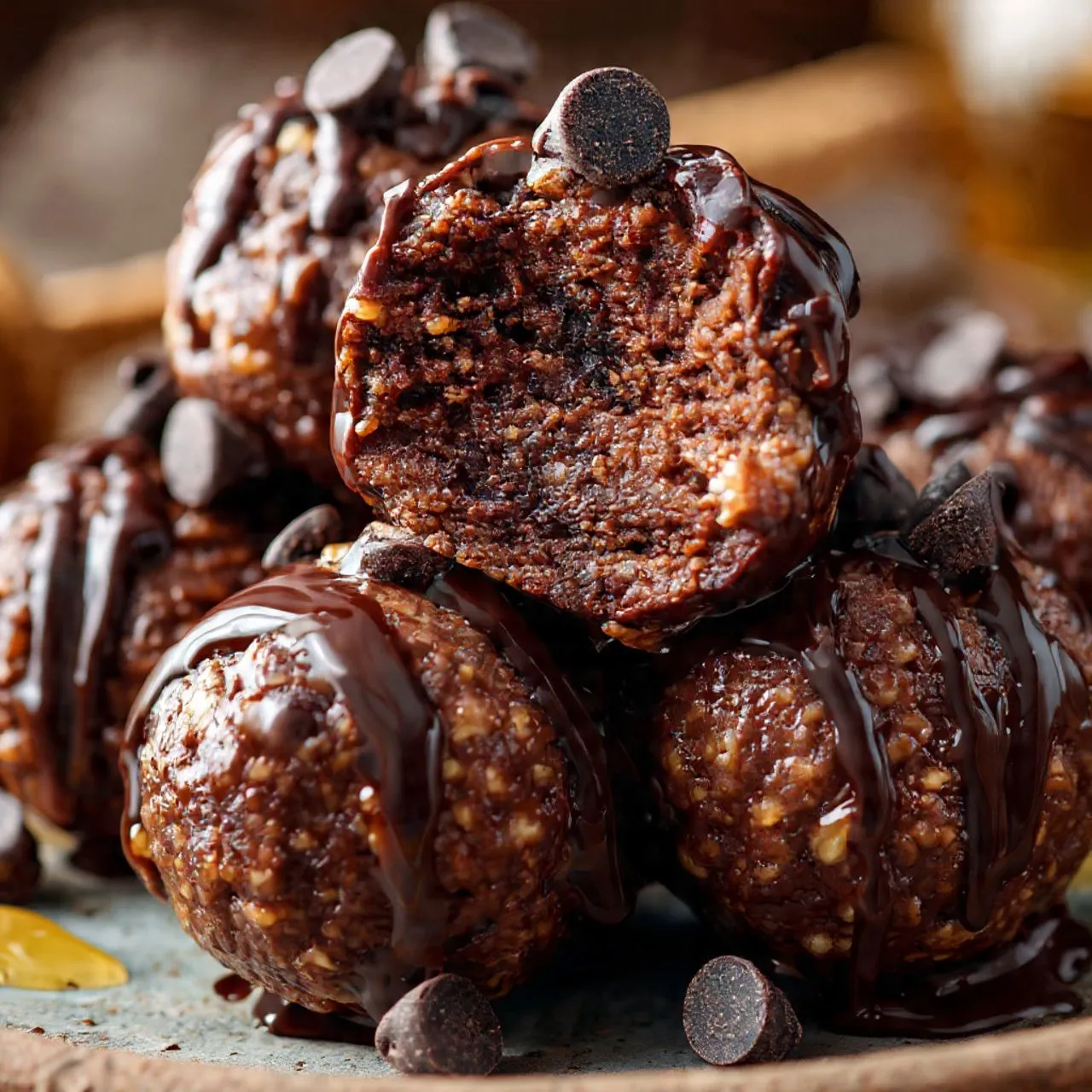 Frisch zubereitete Hüttenkäse-Brownie-Protein-Bällchen auf einem Holzbrett, gesunder Snack