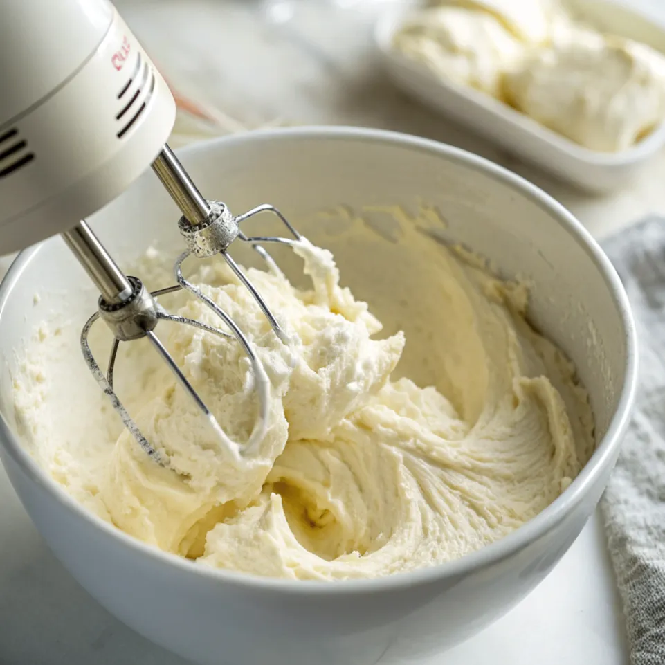 Hüttenkäse in einer Schüssel wird mit einem Stabmixer püriert, um eine glatte Konsistenz für Brownie-Protein-Bällchen zu erhalten