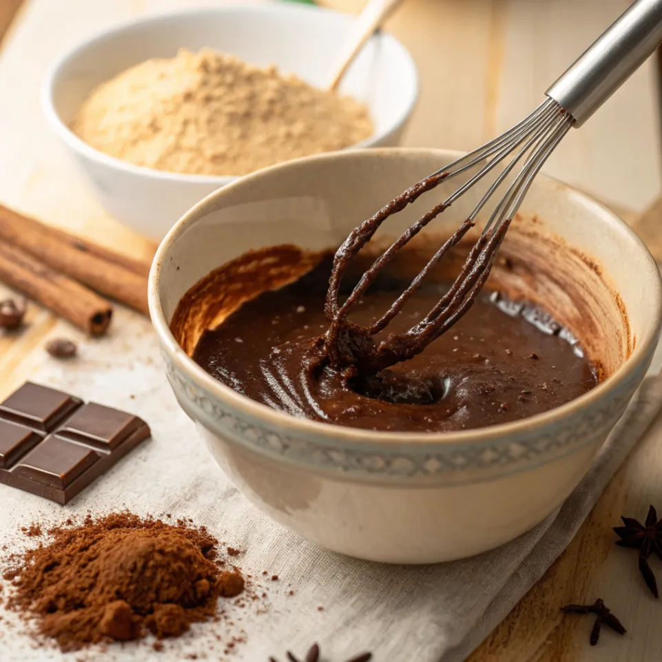 Kakaopulver und Vanille in geschmolzene Schokolade geben