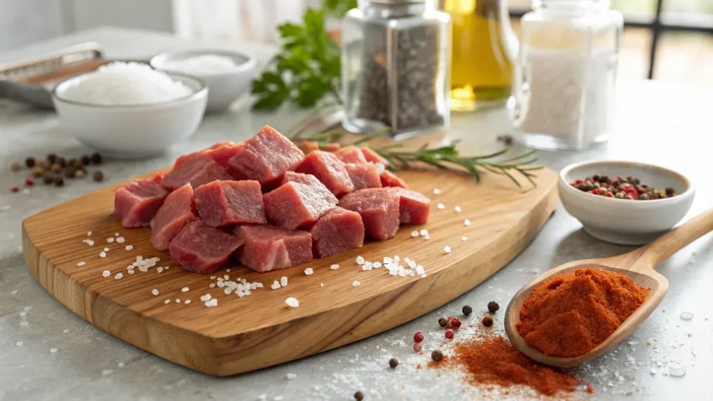 Vorbereitung des Fleisches für den Kartoffel-Fleisch-Topf – Würfel von Rind- und Schweinefleisch gewürzt bereit zum Anbraten