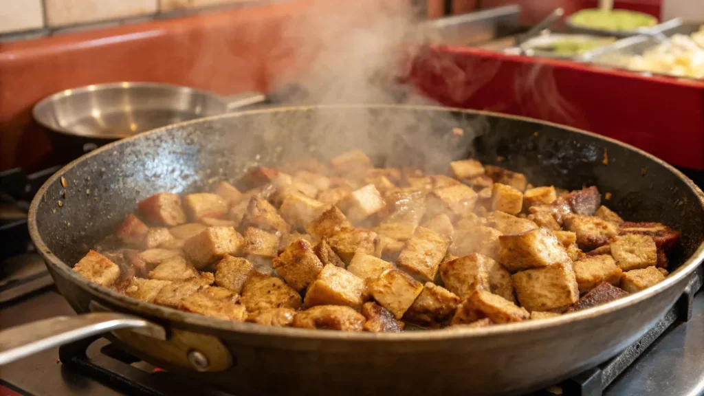 Fleischwürfel in einem Topf angebraten für den Kartoffel-Fleisch-Topf