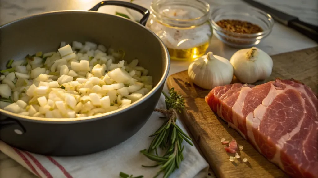 Zwiebeln und Knoblauch in Topf für Kartoffel-Fleisch-Topf