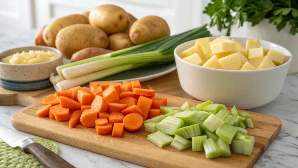 Frische Kartoffeln, Karotten und Gemüse für den Kartoffel-Fleisch-Topf