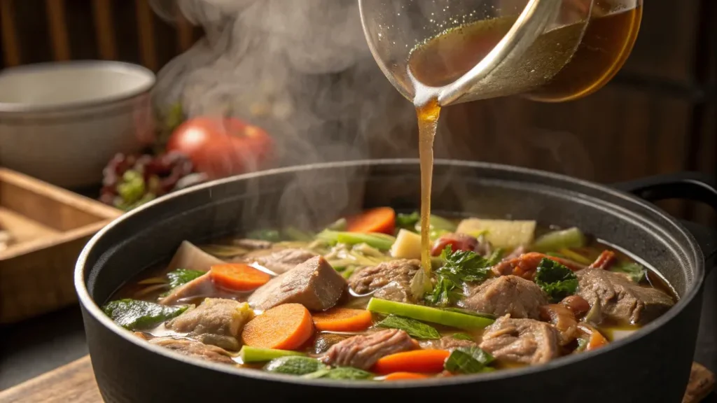 Fleisch und Gemüse im Topf mit Brühe für Kartoffel-Fleisch-Topf