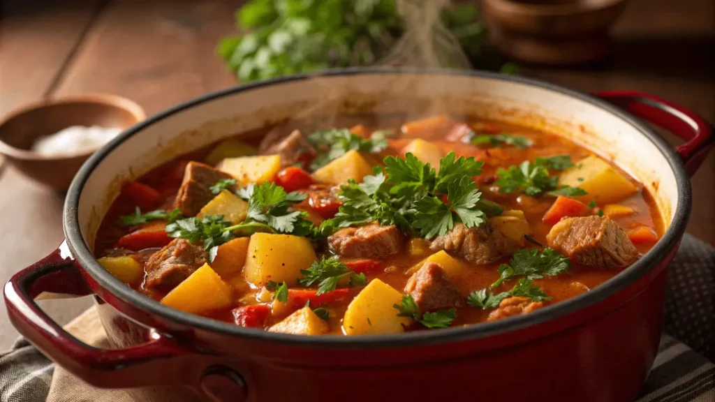 Kartoffel-Fleisch-Topf wird mit frischen Kräutern verfeinert und abgeschmeckt