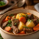 Dieses Bild zeigt einen traditionellen deutschen Kartoffel-Fleisch-Topf mit saftigem Fleisch, goldbraunen Kartoffeln, Karotten und aromatischen Kräutern. Der Eintopf ist dampfend heiß serviert und eignet sich ideal als wärmendes Familiengericht an kalten Tagen.