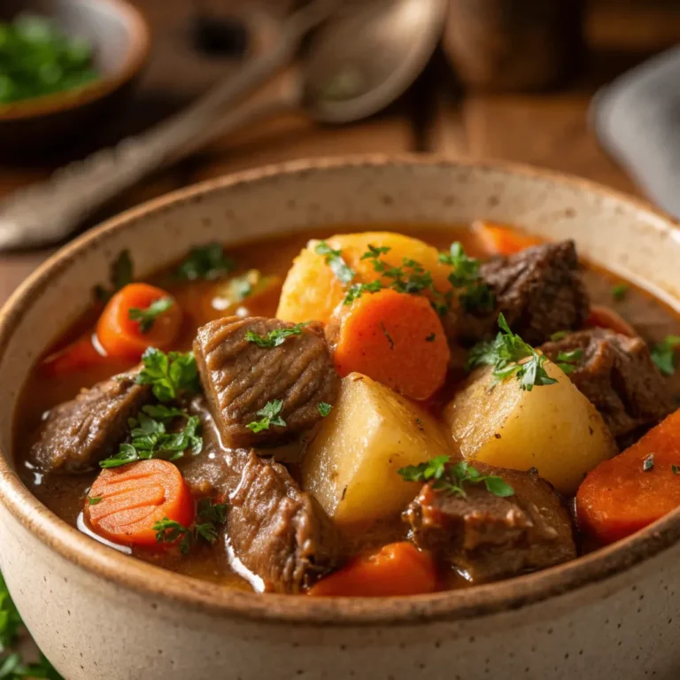 Dieses Bild zeigt einen traditionellen deutschen Kartoffel-Fleisch-Topf mit saftigem Fleisch, goldbraunen Kartoffeln, Karotten und aromatischen Kräutern. Der Eintopf ist dampfend heiß serviert und eignet sich ideal als wärmendes Familiengericht an kalten Tagen.