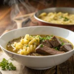 Hausgemachtes Kartoffelschnitz und Spätzle in kräftiger Rinderbrühe mit frischer Petersilie, serviert in einer weißen Schale