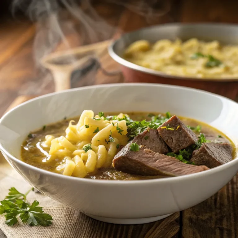 Hausgemachtes Kartoffelschnitz und Spätzle in kräftiger Rinderbrühe mit frischer Petersilie, serviert in einer weißen Schale