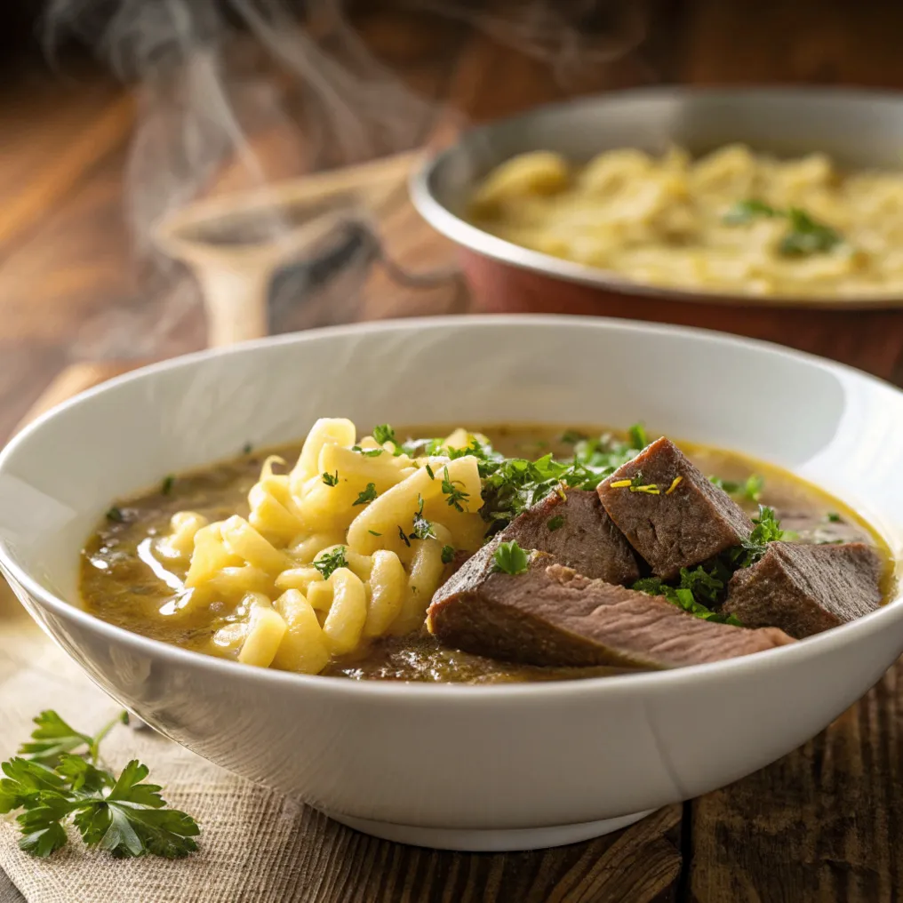 Hausgemachtes Kartoffelschnitz und Spätzle in kräftiger Rinderbrühe mit frischer Petersilie, serviert in einer weißen Schale