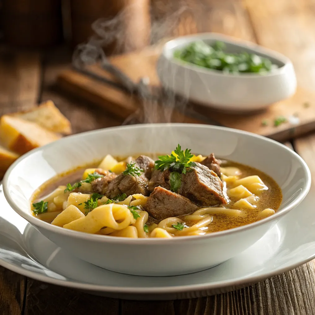 Hausgemachtes Kartoffelschnitz und Spätzle in kräftiger Rinderbrühe mit frischer Petersilie, serviert in einer weißen Schale