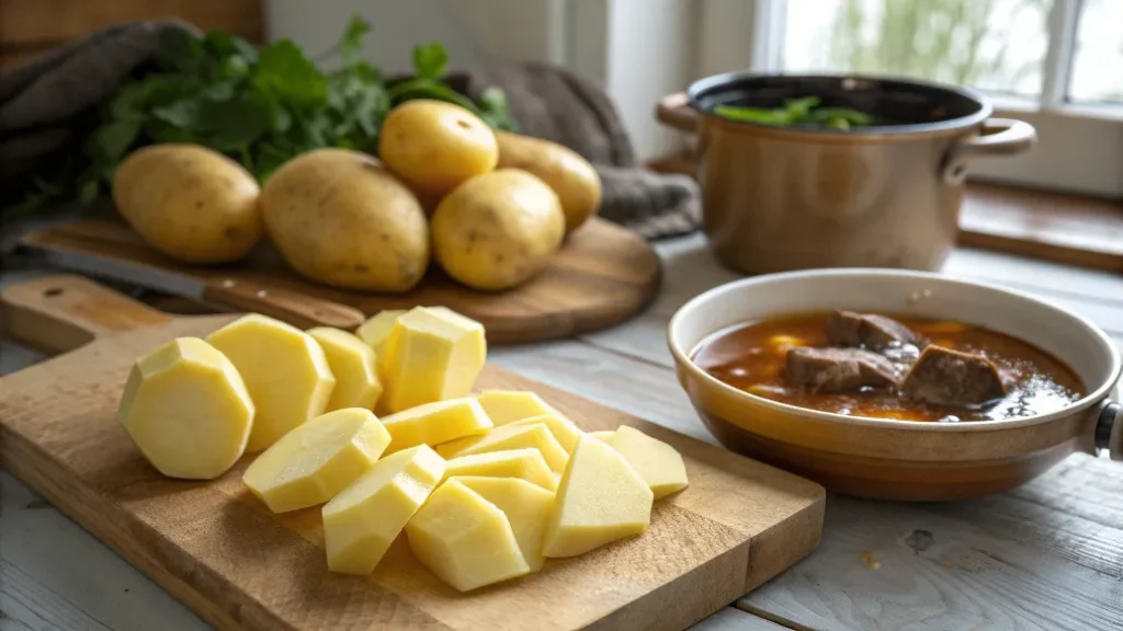 Kartoffelschnitze werden auf einem Holzbrett geschnitten und für die Brühe vorbereitet