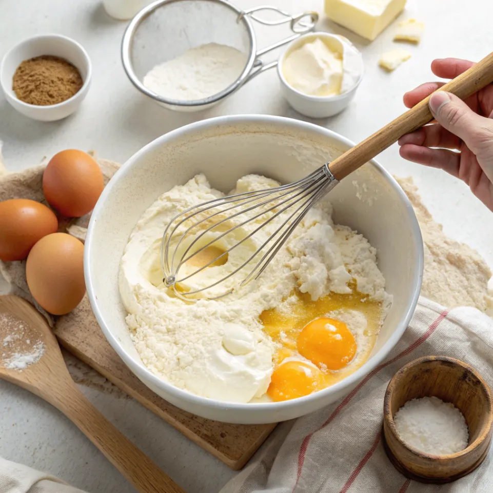 Schritt 3: Frischkäse, Quark, Zucker, Eier, Vanille und Mehl für die Apfel-Crumble-Käsekuchen Füllung cremig vermengen.