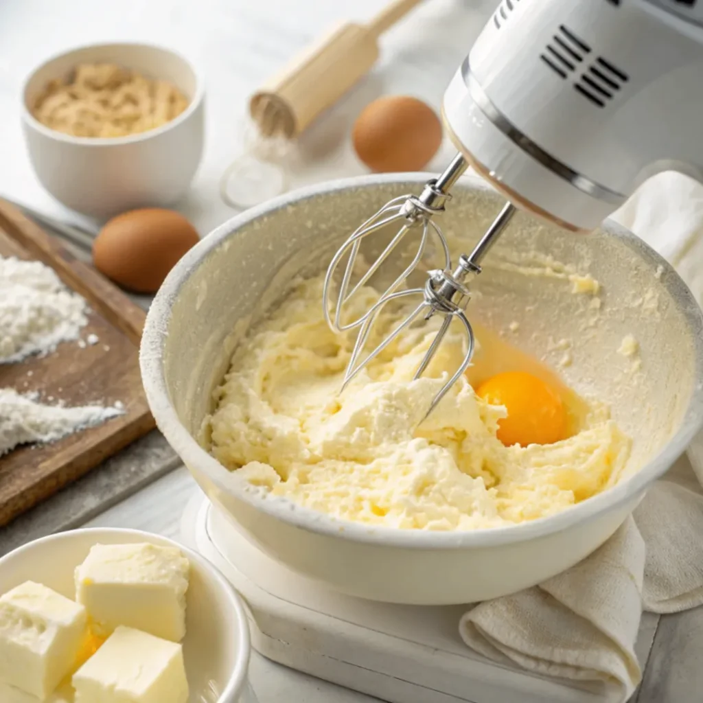 Frischkäse, Zucker, Eier und Vanille werden zu einer cremigen Käsemasse verrührt