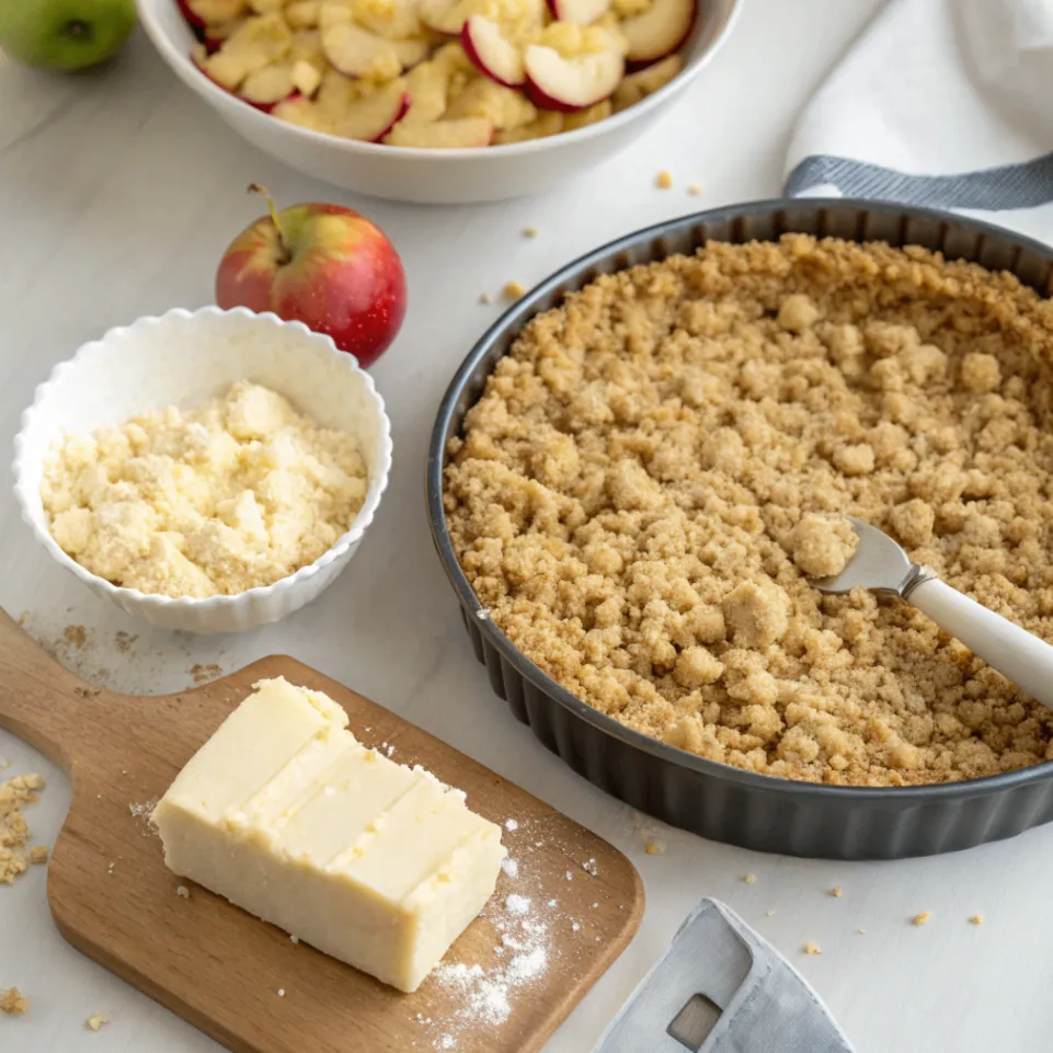 Schritt 2 der Apfel-Crumble-Käsekuchen Zubereitung: Butterkekse zerkrümeln, mit Butter mischen und als Boden festdrücken