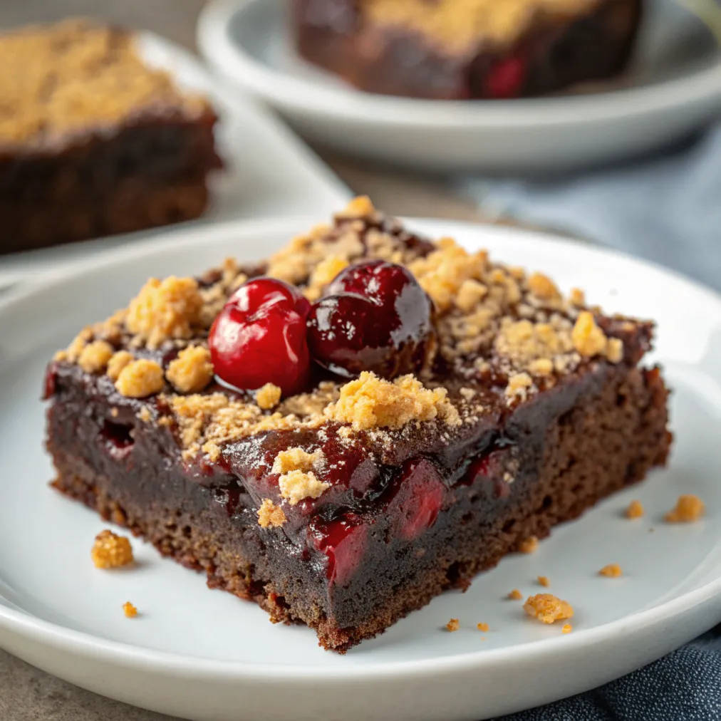 Ein Stück Kirsch-Brownie mit Streuseln auf einem Teller, mit saftigen Kirschen und goldbraunen Streuseln – perfekt gebacken und schokoladig.