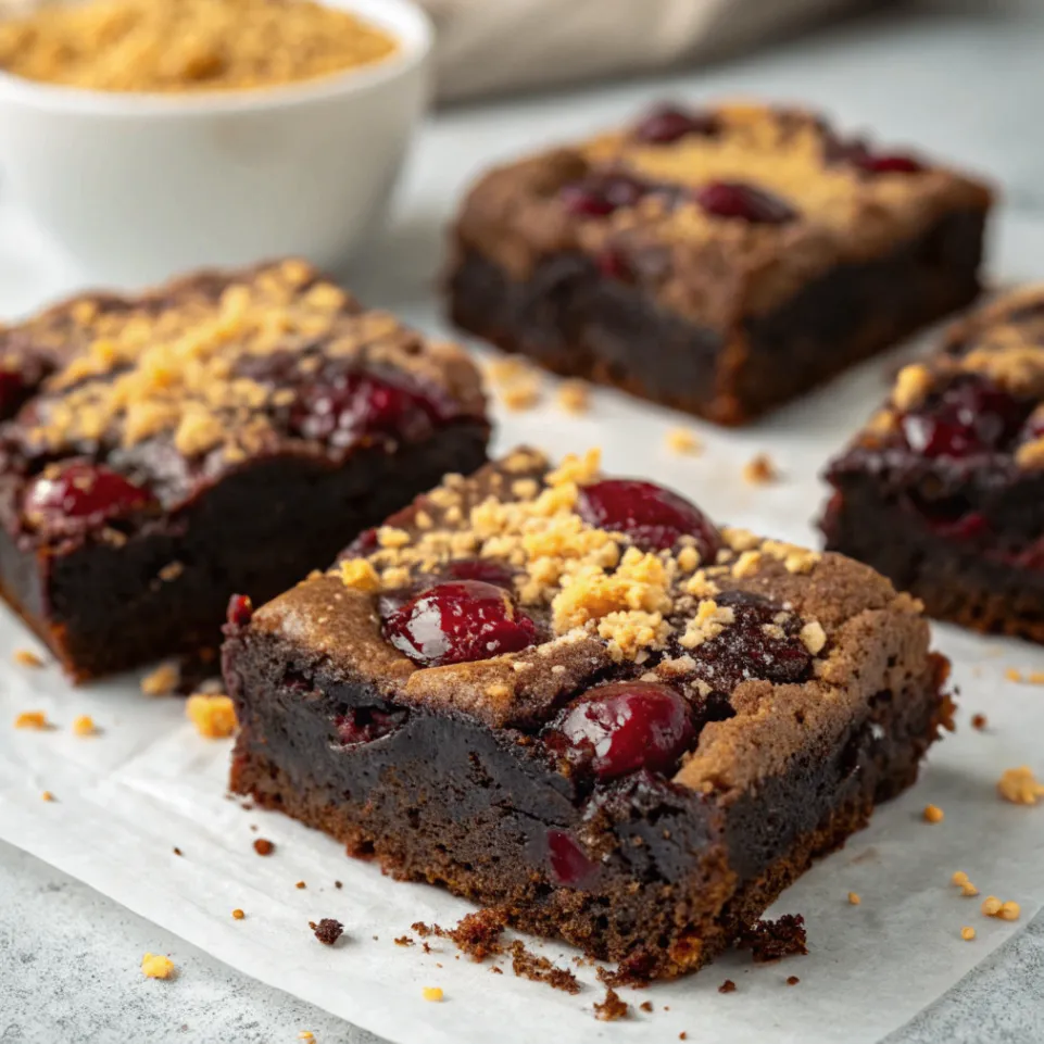Ein Stück Kirsch-Brownie mit Streuseln auf einem Teller, mit saftigen Kirschen und goldbraunen Streuseln – perfekt gebacken und schokoladig.