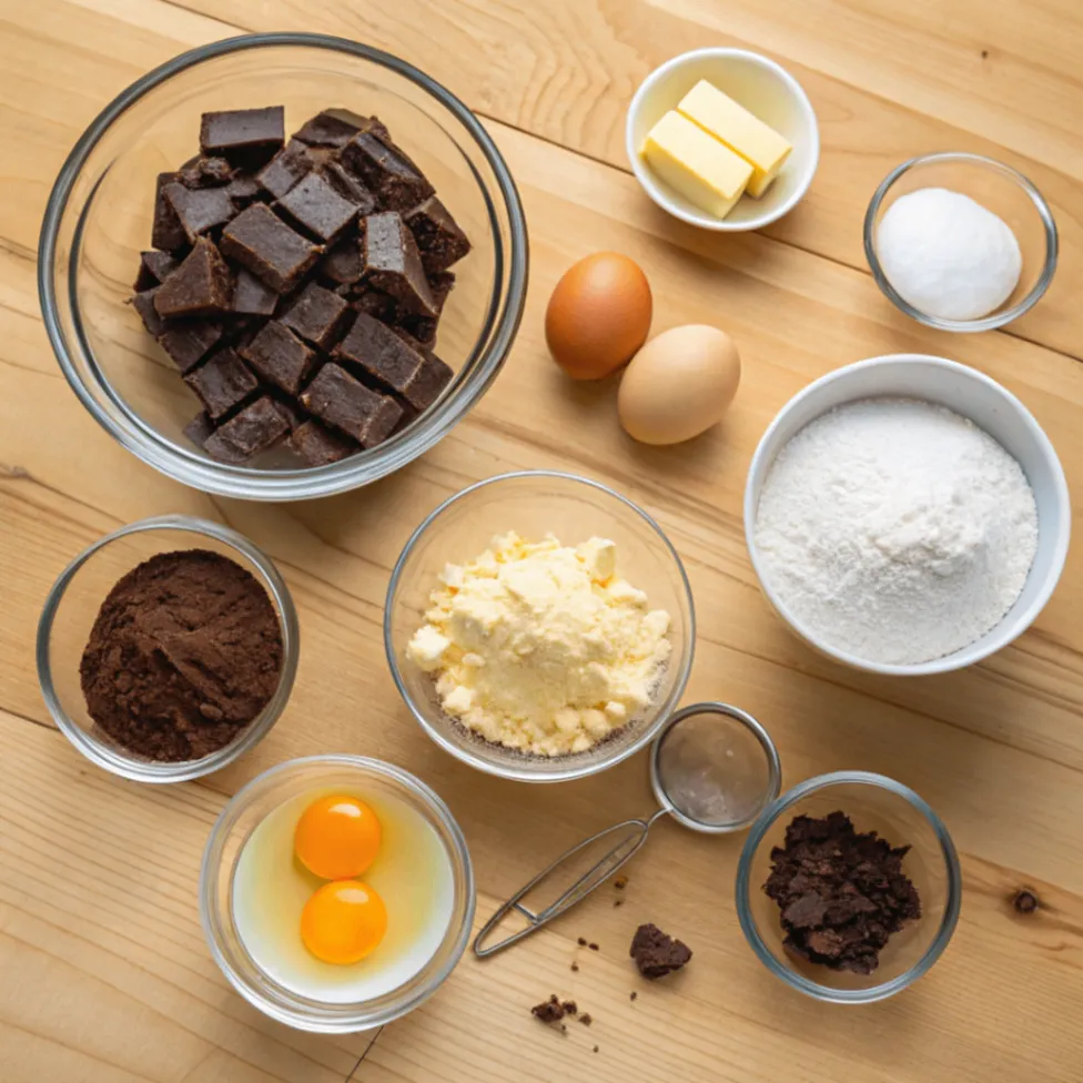 Zutaten für Klassischer Brownie Rezept: Schokolade, Butter, Zucker, Eier, Mehl, Salz und Vanille auf Holzuntergrund