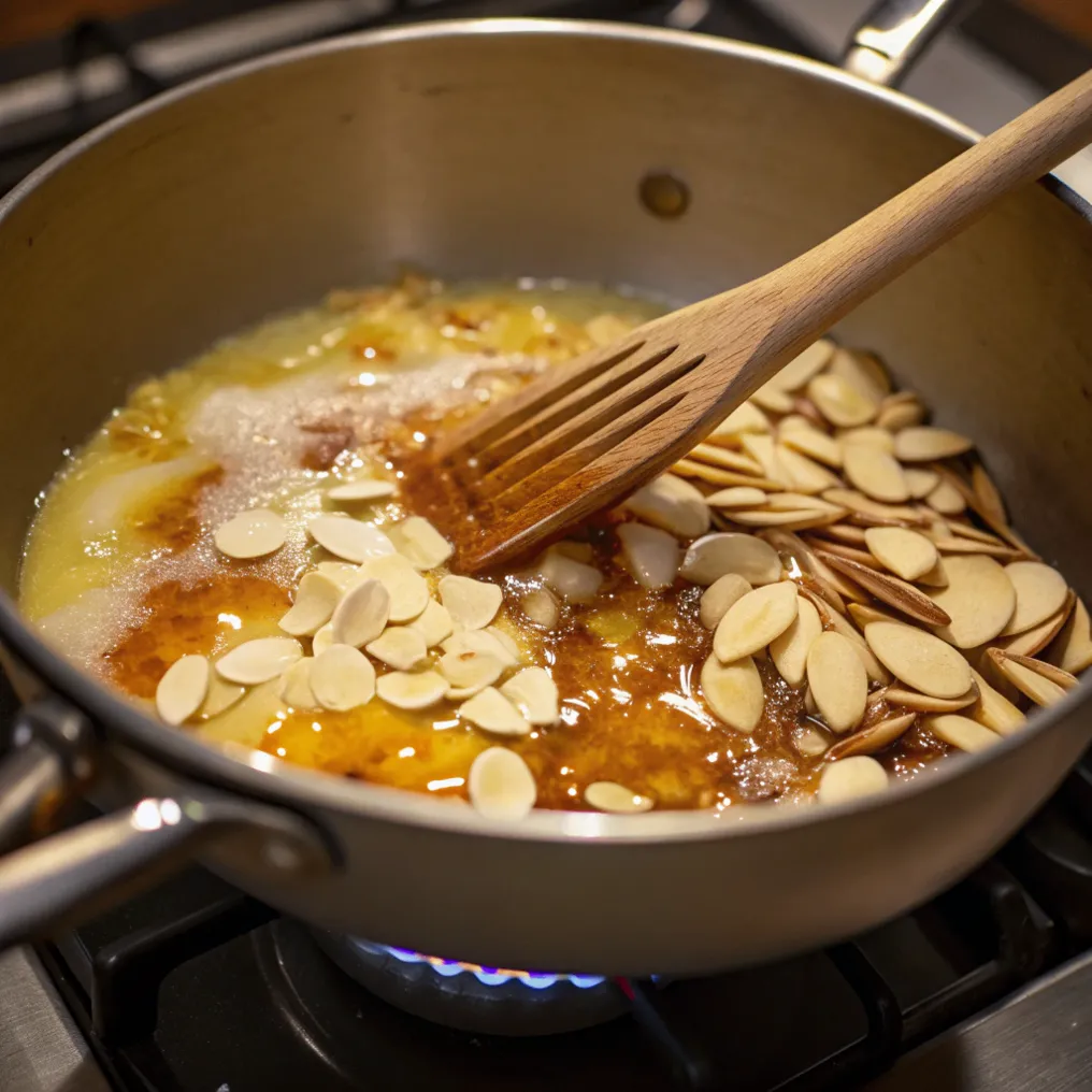 Bild zeigt, wie man den Mandelbelag für Bienenstich-Schnitten mit Heidelbeer-Creme herstellt, Schritt für Schritt erklärt