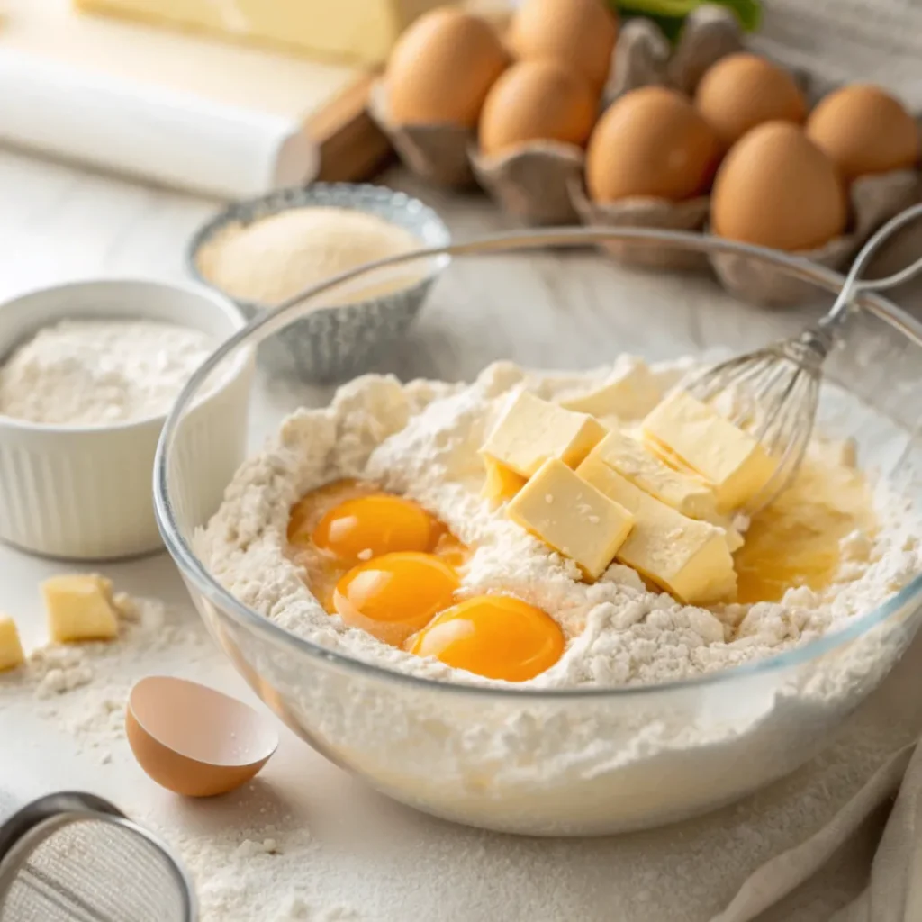 Schüssel mit Mehl, Zucker, Butter und Ei, die zu Mürbeteig verknetet werden