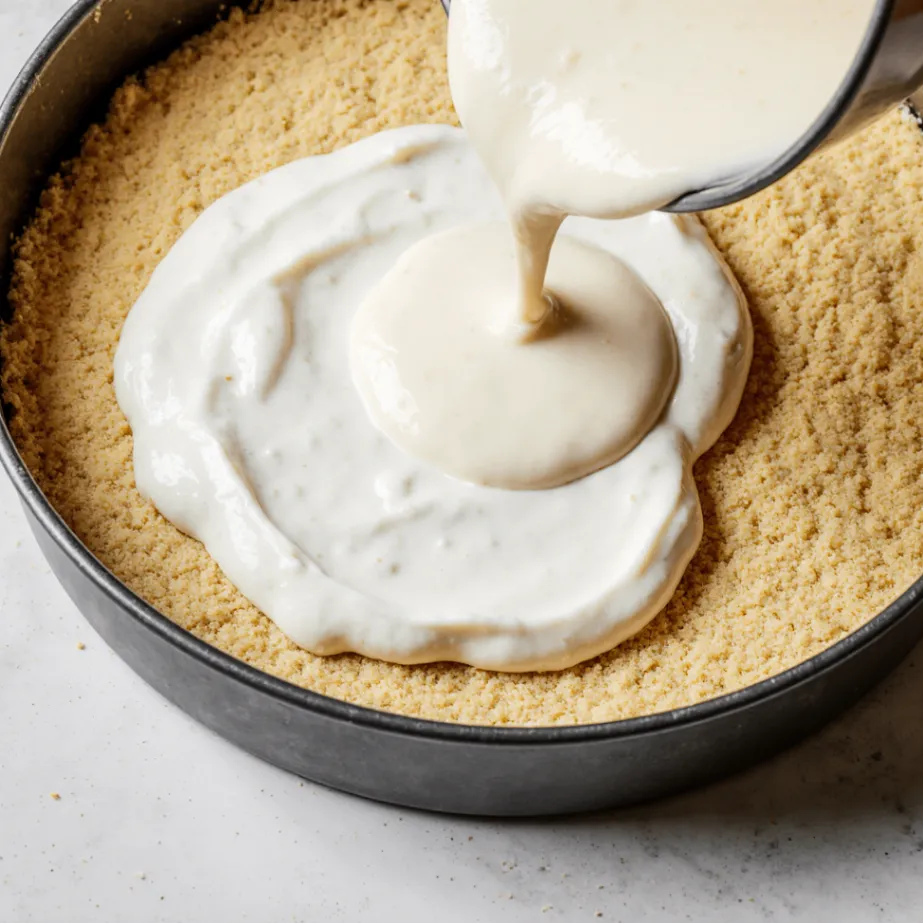 Cremige Kokosfüllung wird auf den vorbereiteten Keksboden gegossen.