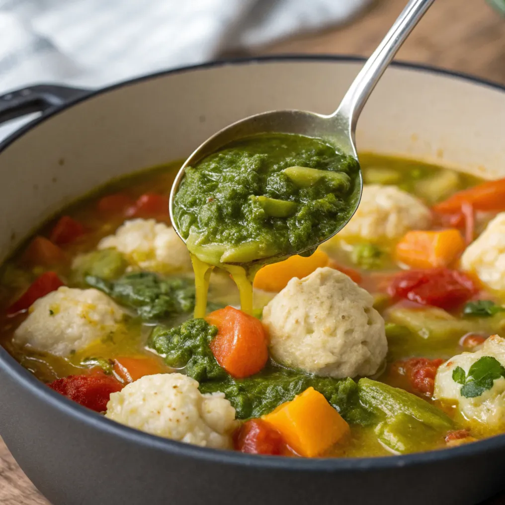 Grünes Pesto wird in den heißen Gemüseeintopf mit Knödeln eingerührt