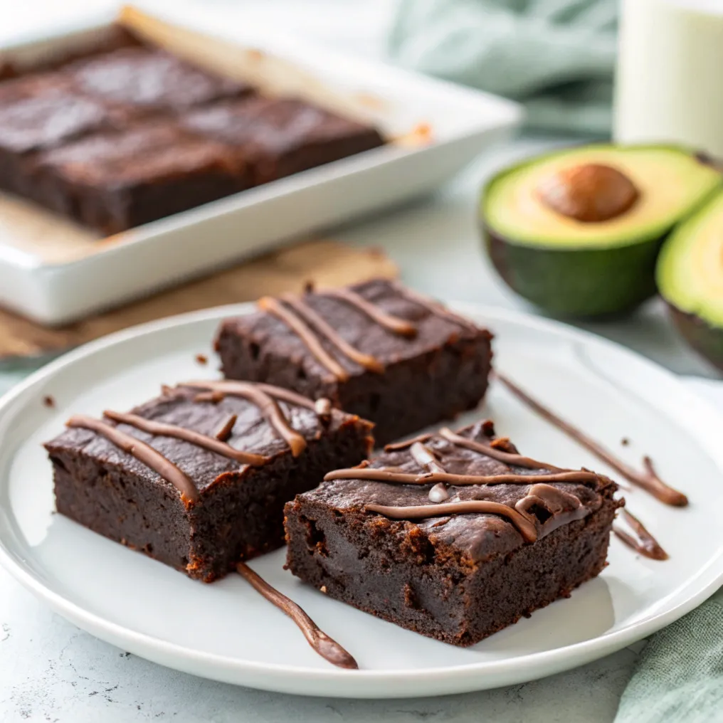 Saftige Avocado-Brownies mit dunkler Schokolade und frischer Avocado auf Holztisch