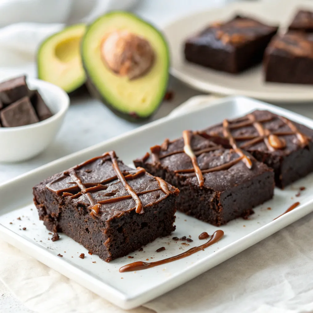 Saftige Avocado-Brownies mit dunkler Schokolade und frischer Avocado auf Holztisch