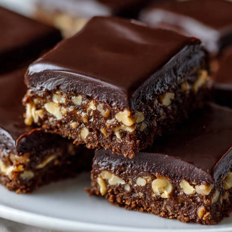 Saftige Brownies ohne Backen auf Holztisch, schokoladig und cremig serviert