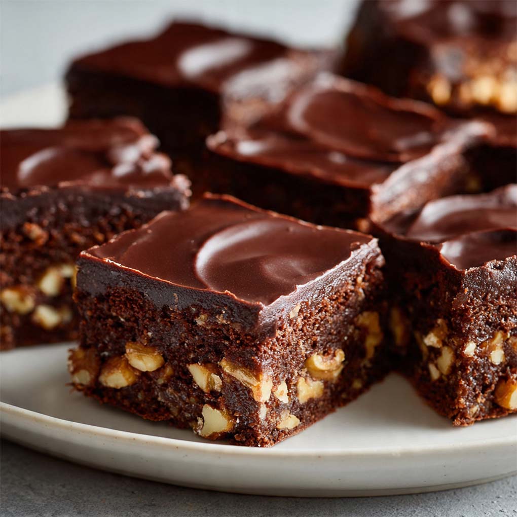 Saftige Brownies ohne Backen auf Holztisch, schokoladig und cremig serviert