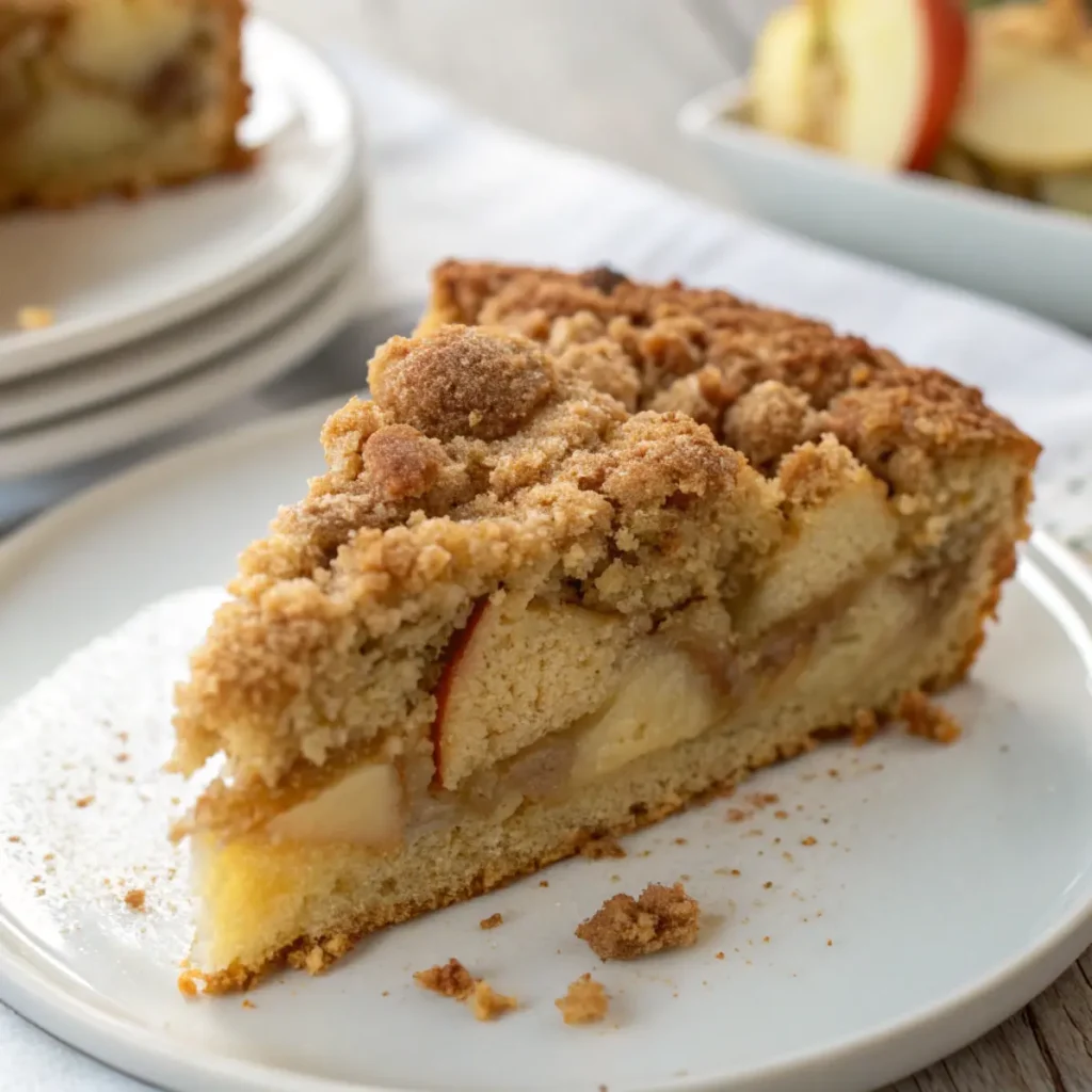 Saftiger Apfel Zimt Crumble Kuchen mit knuspriger Streuseldecke auf einem Holzbrett
