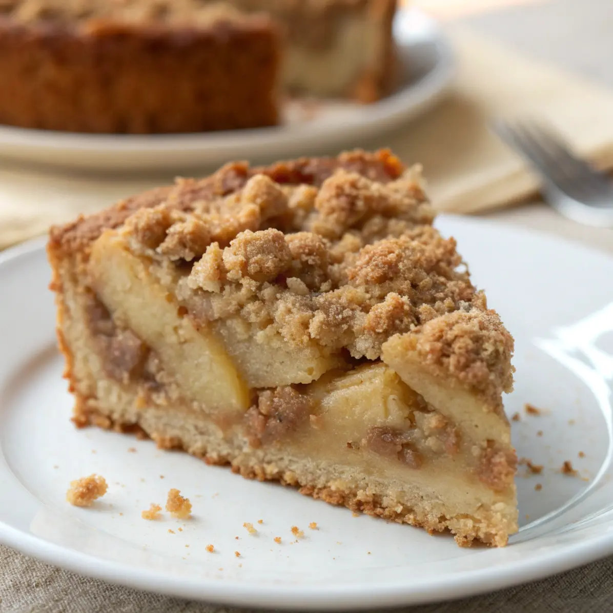 Saftiger Apfel Zimt Crumble Kuchen mit knuspriger Streuseldecke auf einem Holzbrett