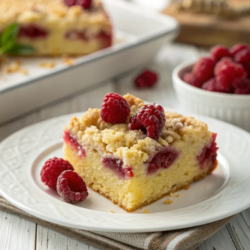Frischer Streuselkuchen mit Himbeeren auf Holzbrett, goldbraune Streusel und saftige Himbeerfüllung