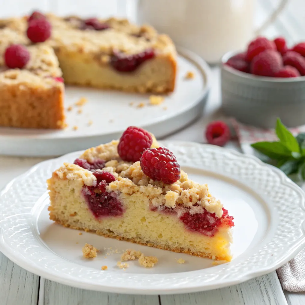 Frischer Streuselkuchen mit Himbeeren auf Holzbrett, goldbraune Streusel und saftige Himbeerfüllung