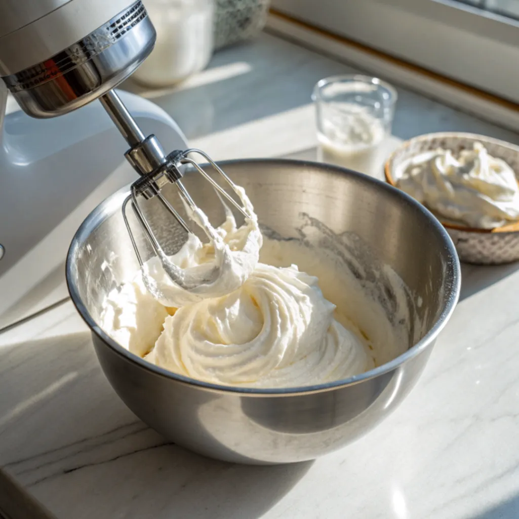 Frisch geschlagene Sahne mit Handmixer für die Schokomousse Torte
