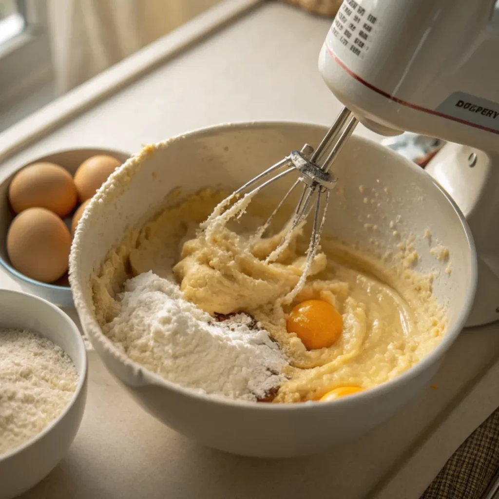 Schmand, Zucker, Eier und Vanillepudding in einer Schüssel verrührt