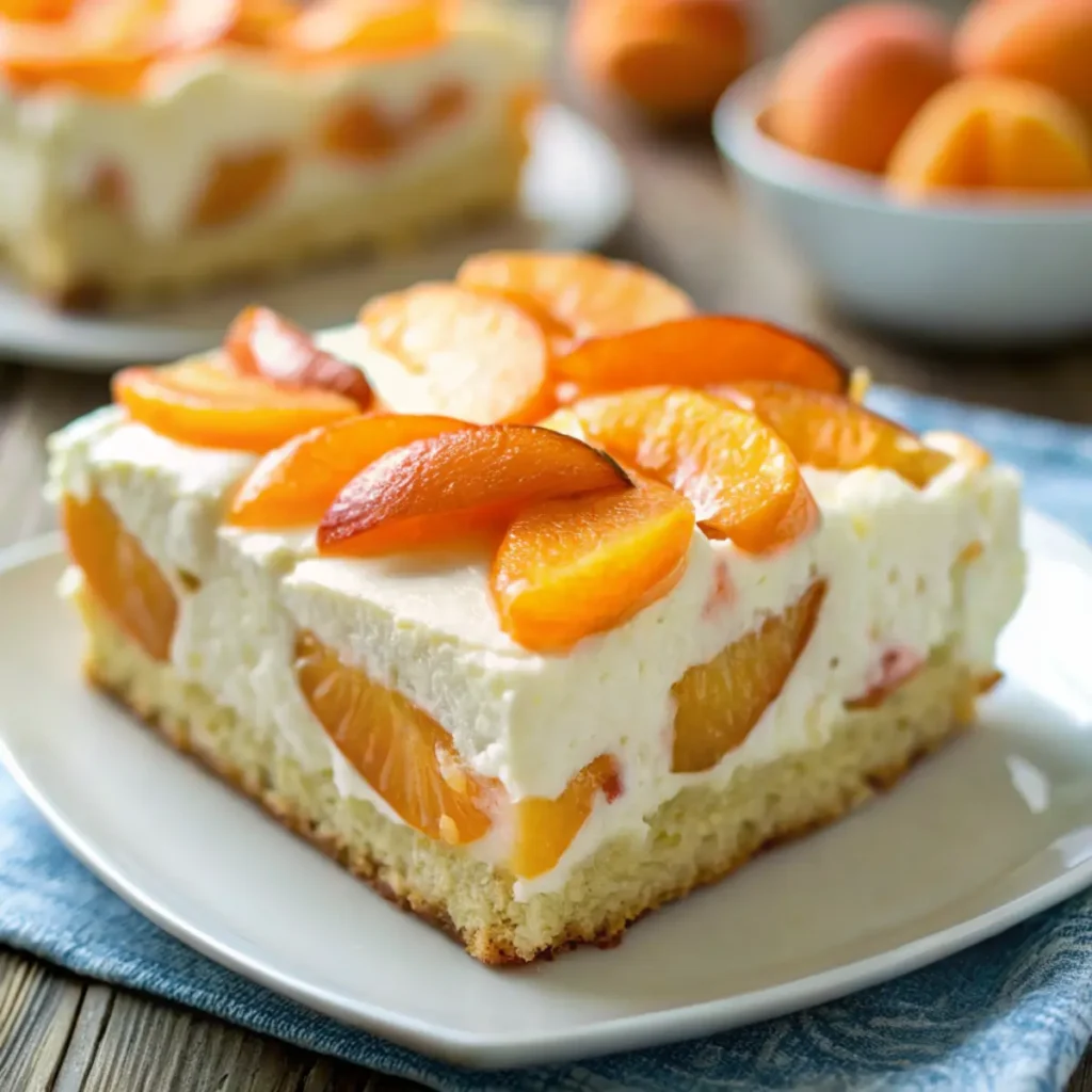 Frisch gebackener Schmandkuchen mit Aprikosen, mit cremiger Schmandfüllung und saftigen Aprikosenhälften auf einem Holzbrett serviert