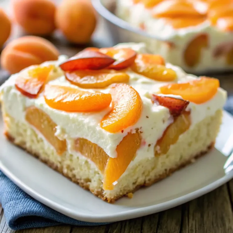 Frisch gebackener Schmandkuchen mit Aprikosen, mit cremiger Schmandfüllung und saftigen Aprikosenhälften auf einem Holzbrett serviert