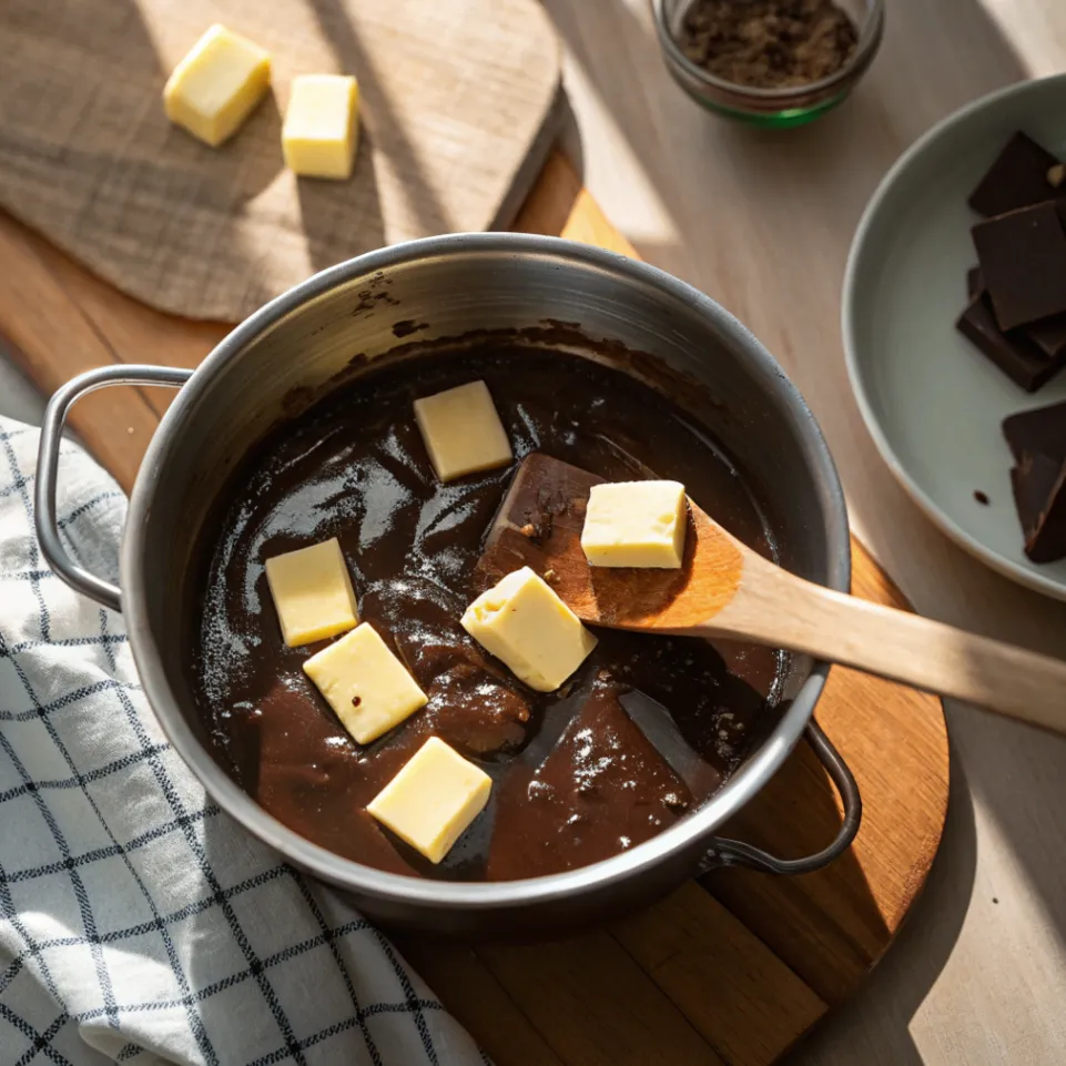 Schokolade und Butter schmelzen – Erster Schritt für saftige Brownies ohne Backen
