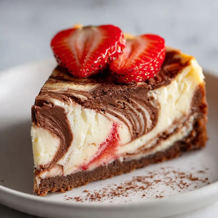 Schokoladen Erdbeer Wirbel Käsekuchen mit Erdbeerpüree und Schokoladenwirbeln