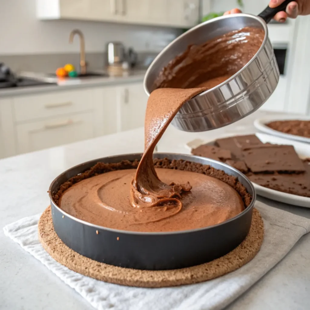 Schokoladenmousse wird auf den Tortenboden gegossen und glattgestrichen