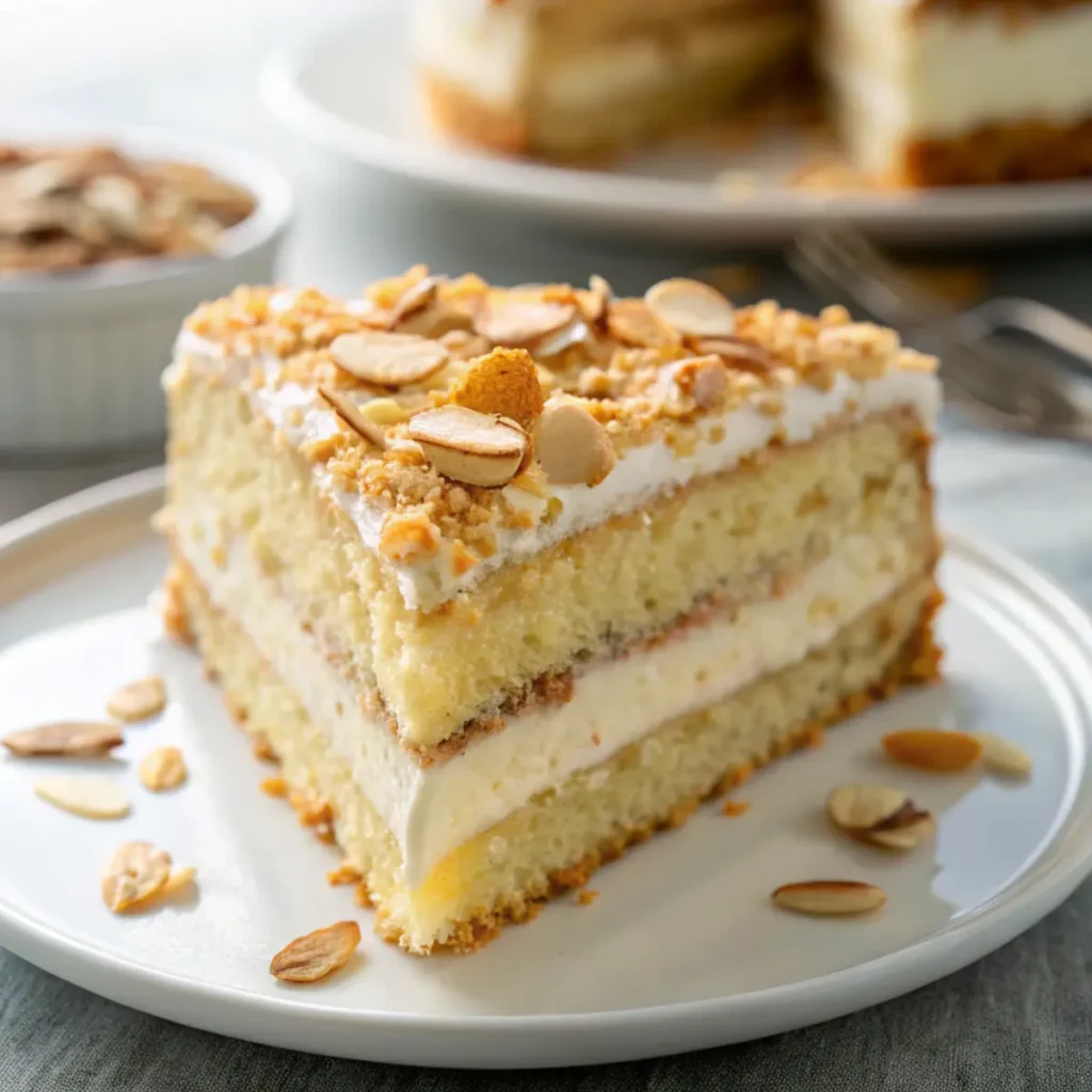 Schwedische Mandeltorte mit cremiger Sahne und Mandelblättchen, serviert auf einem weißen Teller