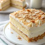 Schwedische Mandeltorte mit cremiger Sahne und Mandelblättchen, serviert auf einem weißen Teller