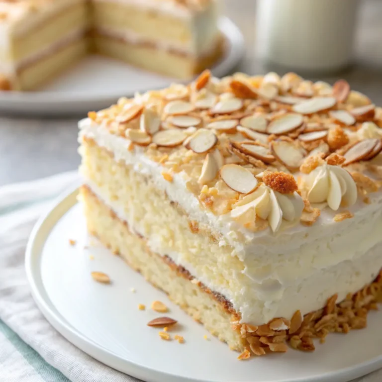 Schwedische Mandeltorte mit cremiger Sahne und Mandelblättchen, serviert auf einem weißen Teller