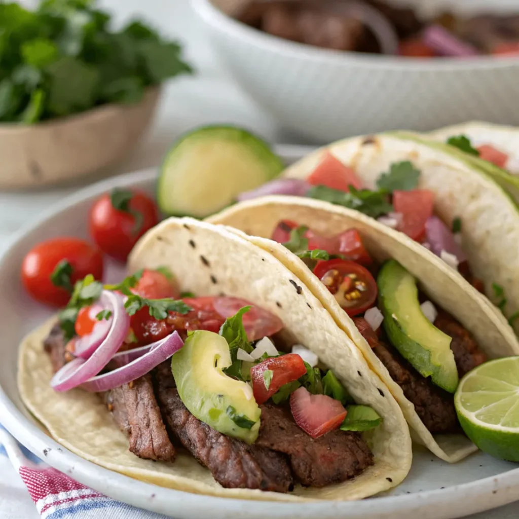 Skirt Steak Tacos belegt mit Avocado, Tomaten, Zwiebeln und Koriander
