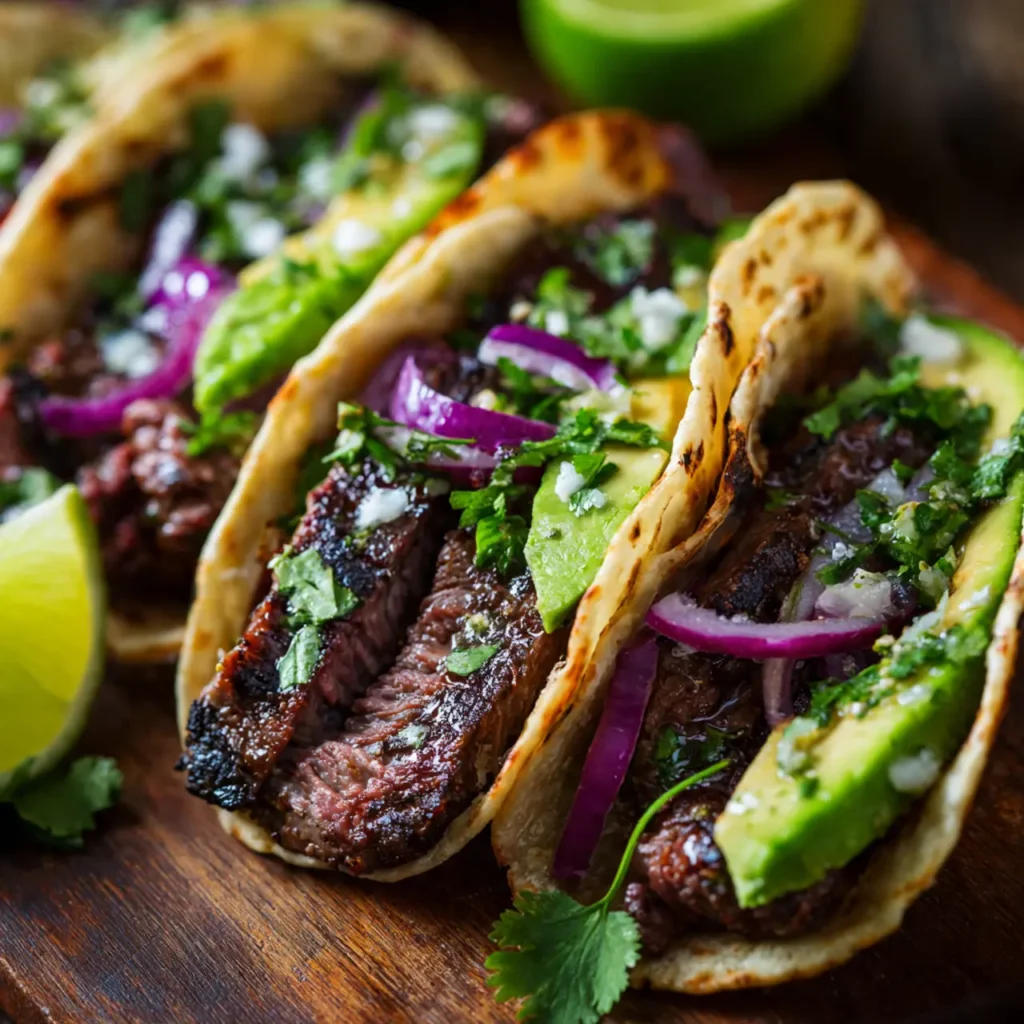 Skirt Steak Tacos auf Tortillas mit Avocado, Tomaten, Zwiebeln und Koriander