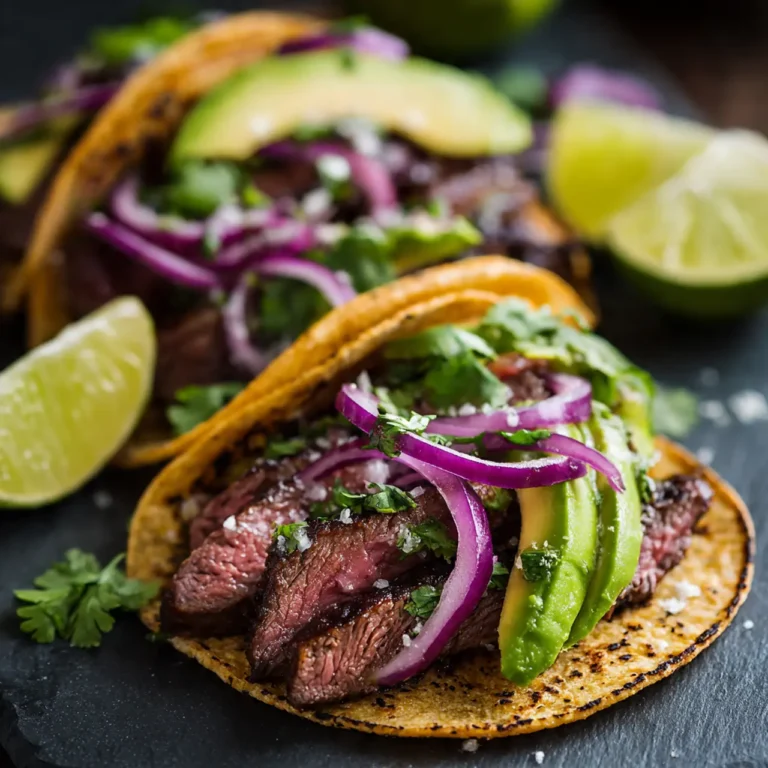 Skirt Steak Tacos auf Tortillas mit Avocado, Tomaten, Zwiebeln und Koriander