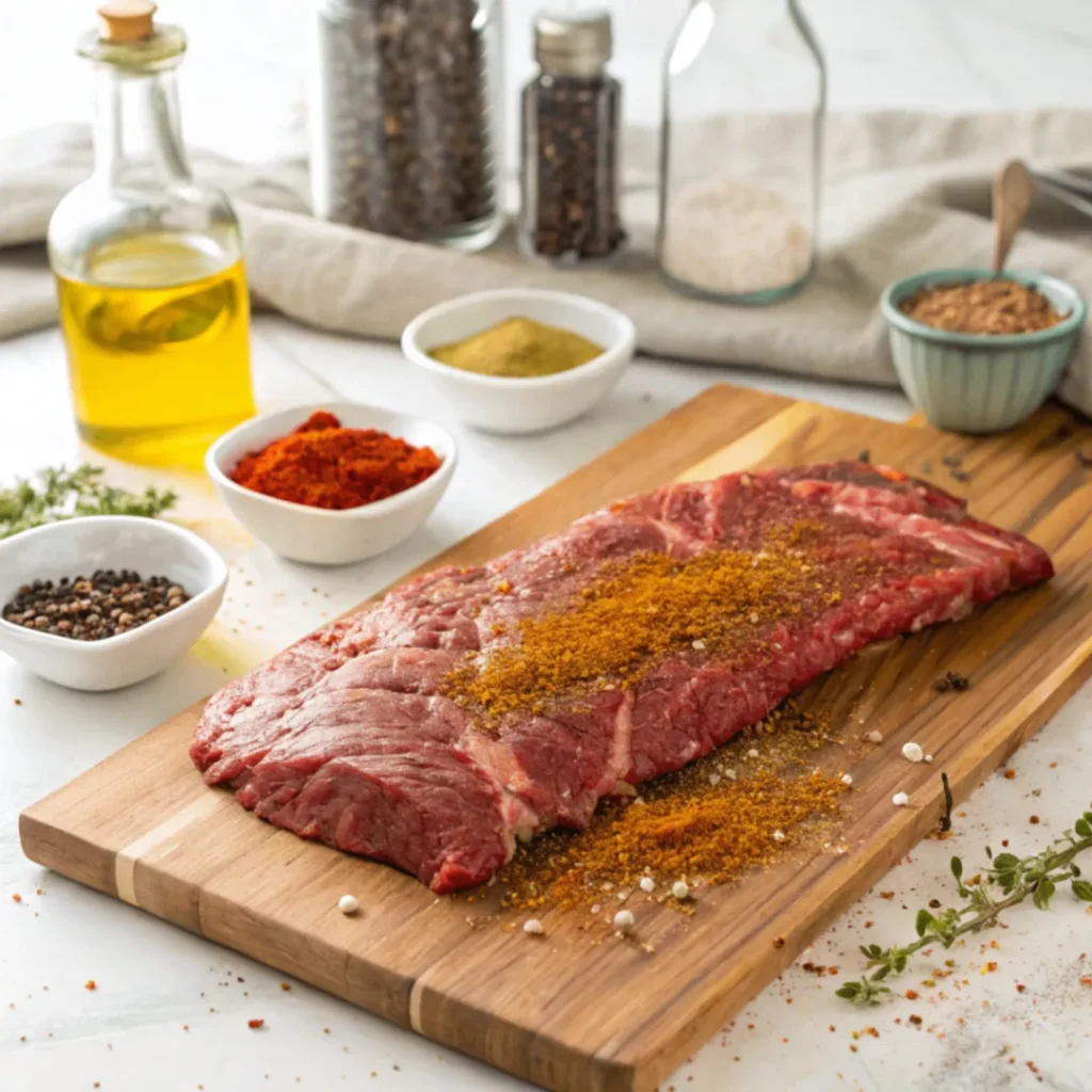 Frisches Skirt Steak auf Schneidebrett, gewürzt mit Kreuzkümmel und Paprikapulver
