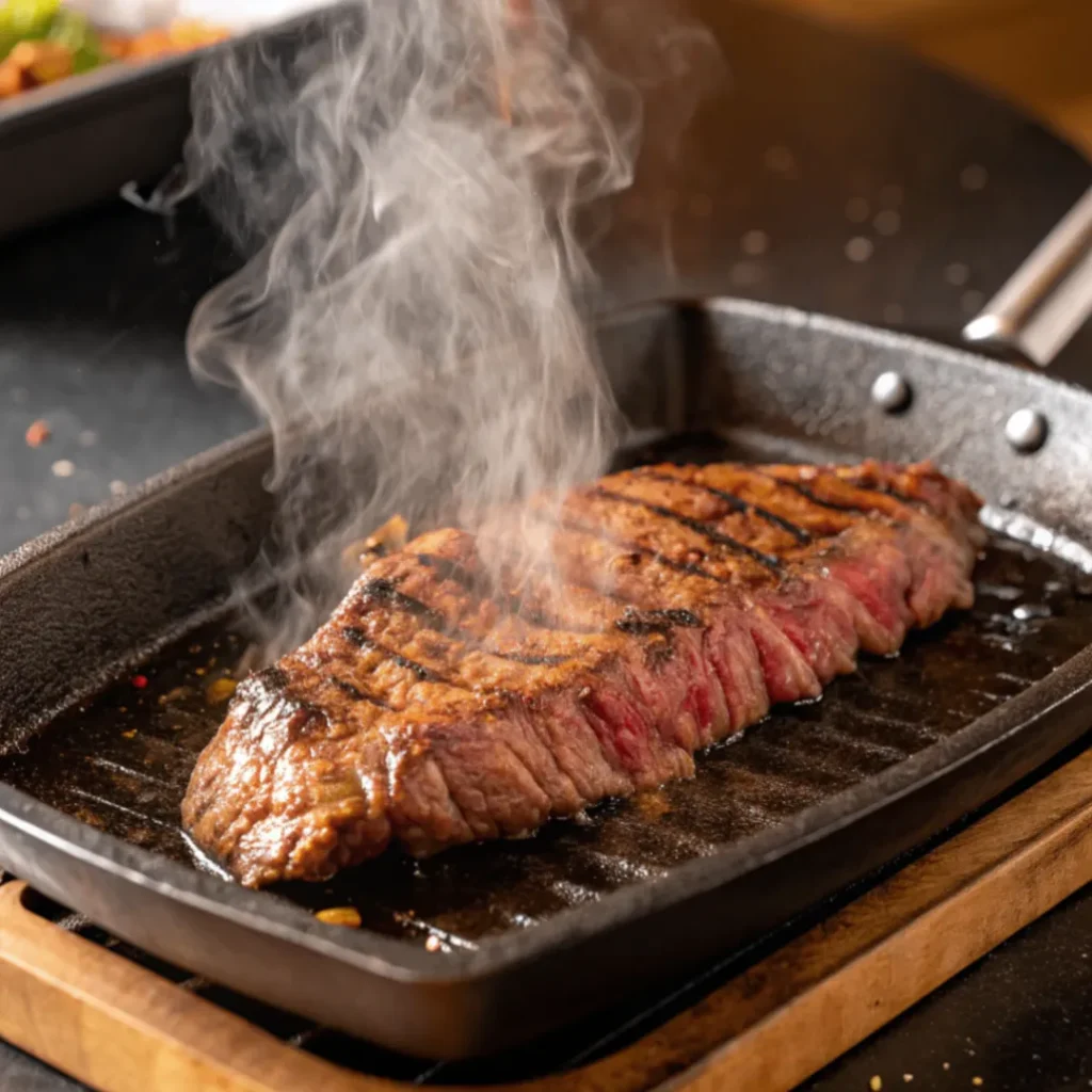 Saftiges Skirt Steak in heißer Pfanne, außen knusprig, innen rosa