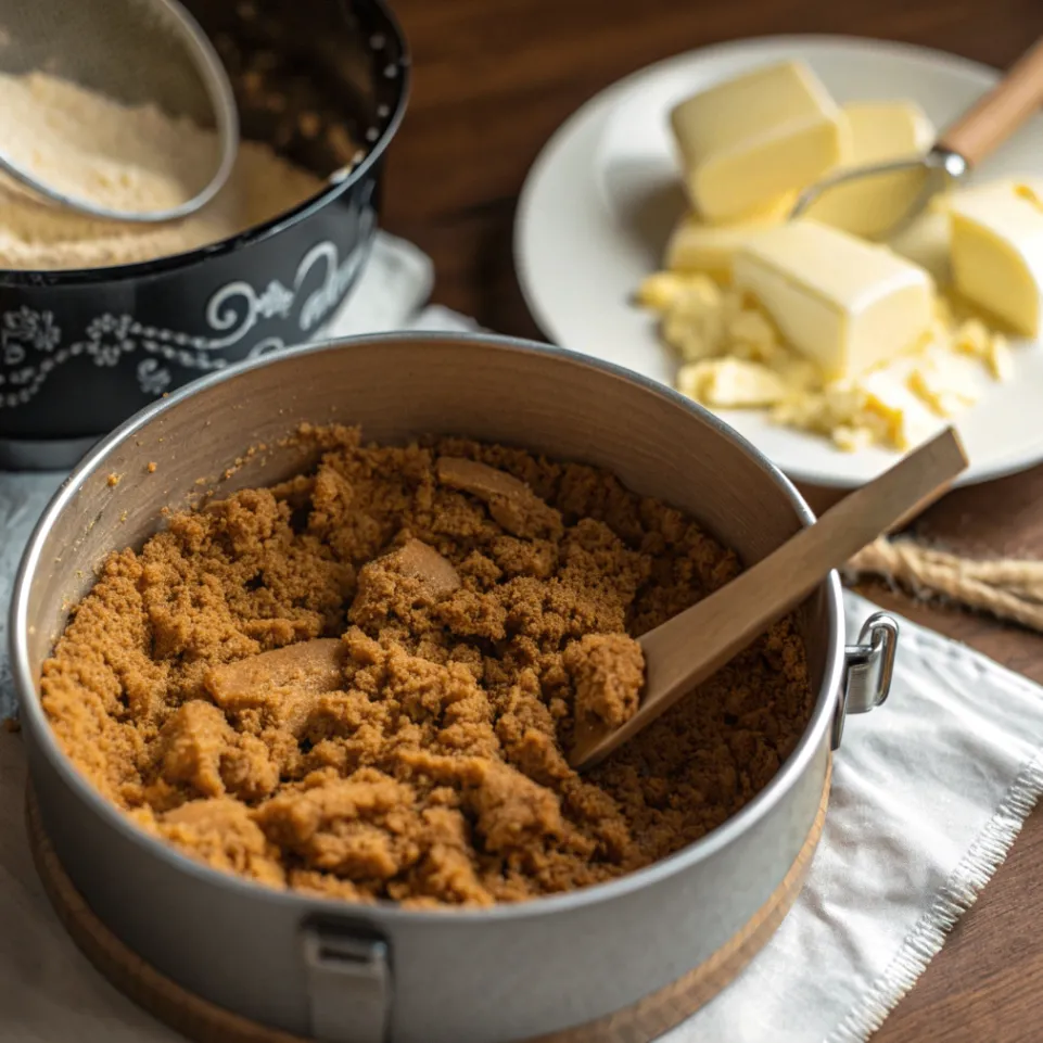 Spekulatius-Kekse zerdrückt und mit Butter vermischt in einer Springform für den Käsekuchenboden